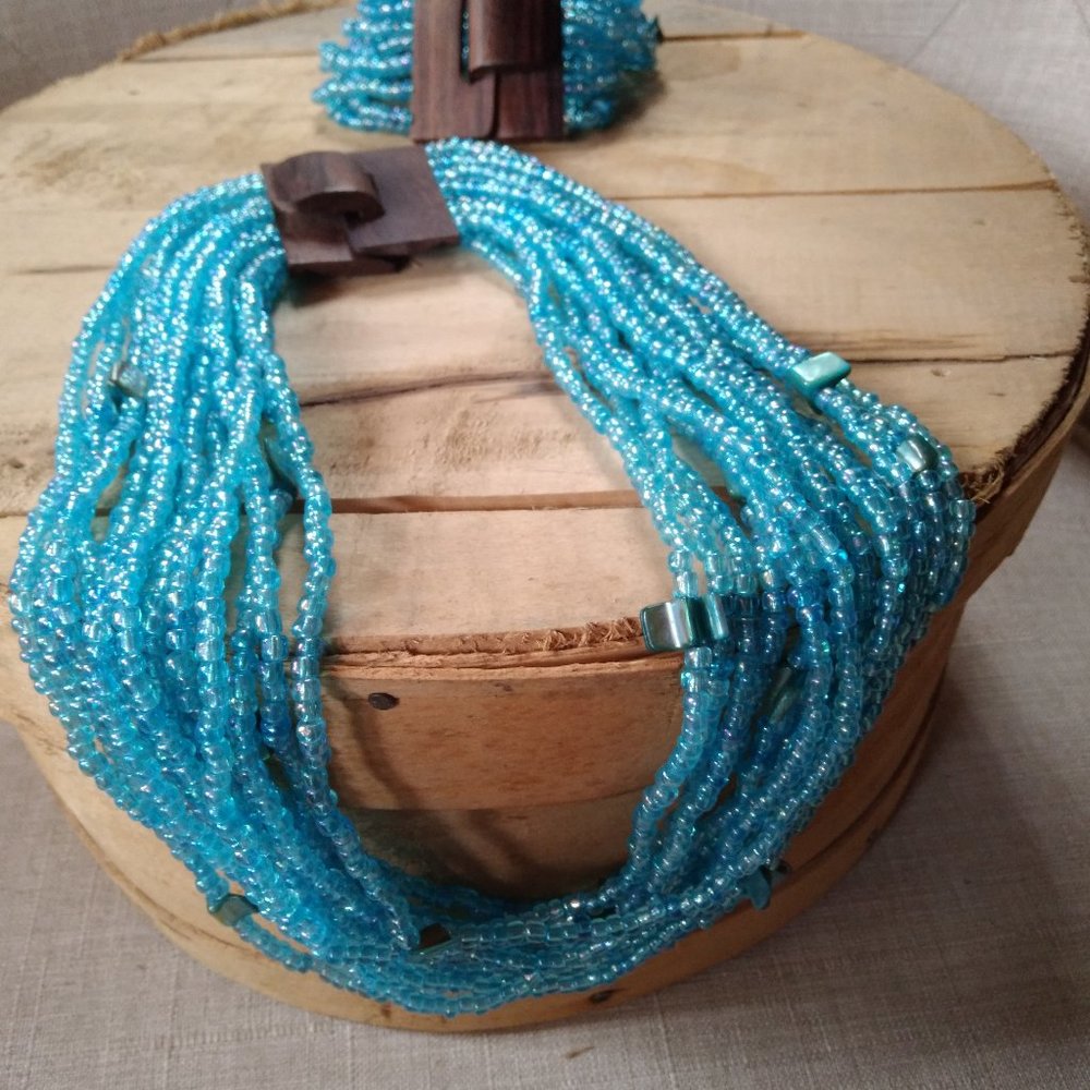 Irridescent Blue Seed Bead Necklace & Bracelet